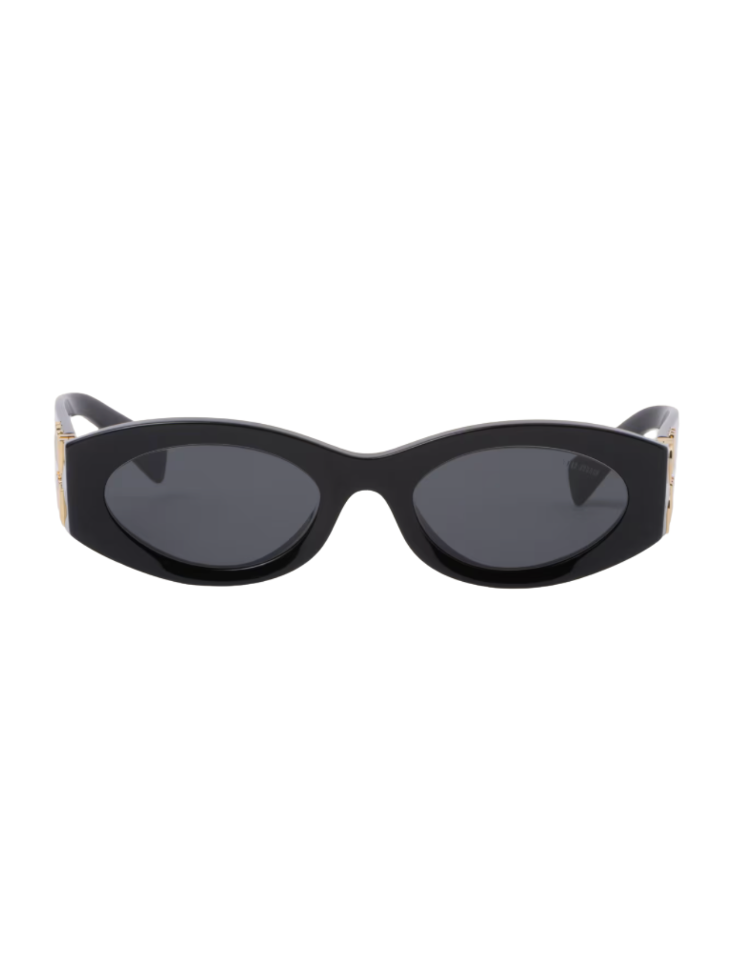Miu Miu Glimpse sunglasses in black acetate with gold logo detail — chunky black oval designer sunglasses