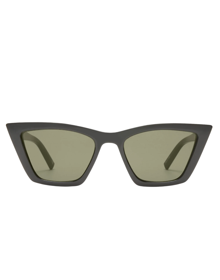 Le Specs Velodrome cat-eye sunglasses in slate with green lenses — affordable designer sunglasses dupe for the Bottega Veneta cat-eye