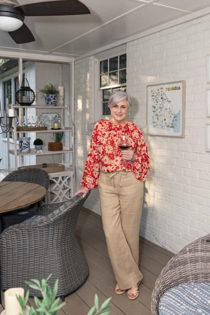 Ralph Lauren floral blouse and wide-leg linen pants casual outfit