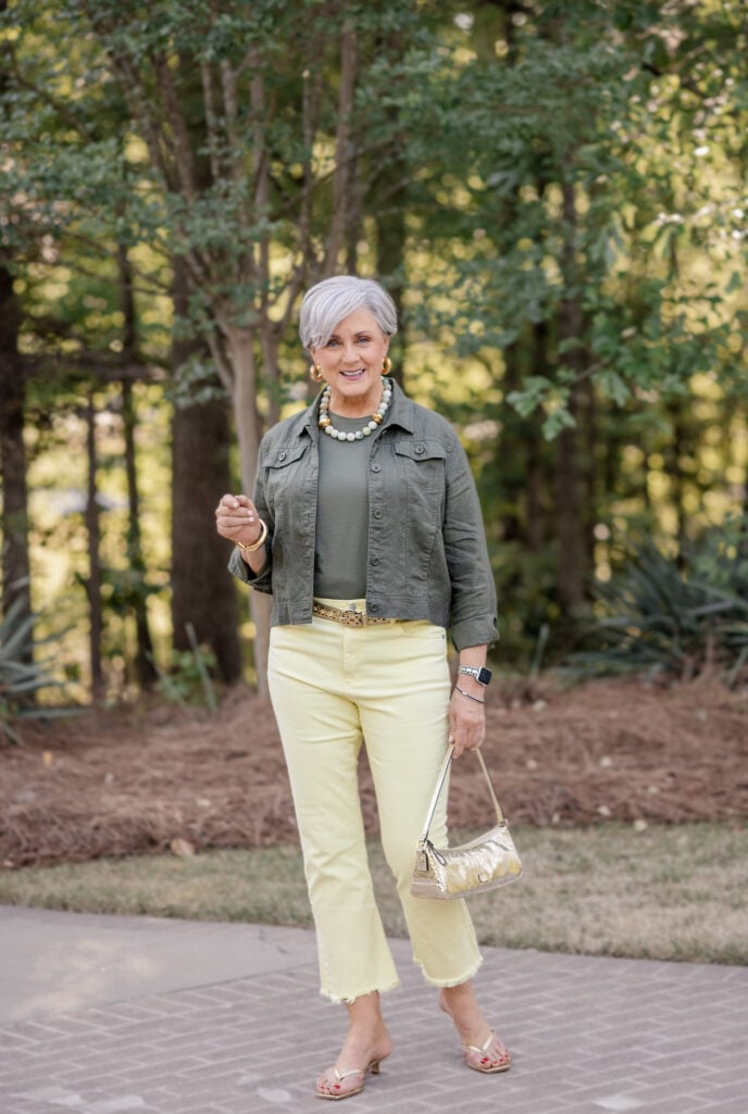 bayberry olive linen jacket for women over 50 — heritage maximalist