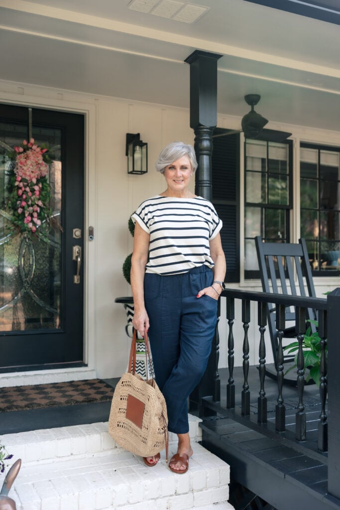 deep navy tapered linen ankle pants for women over 50