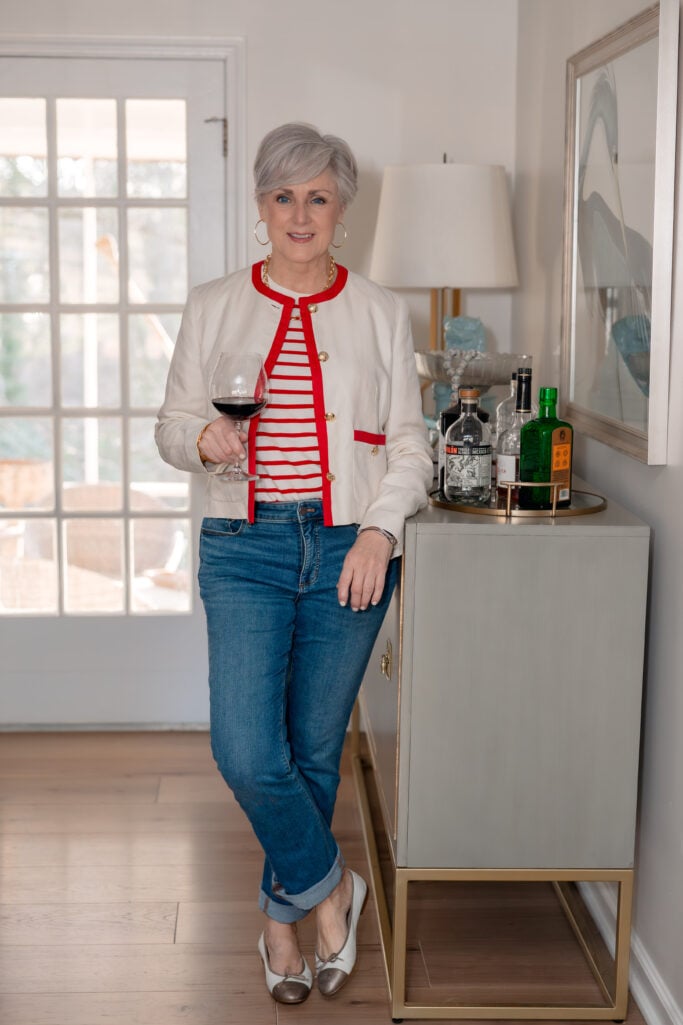 Ralph Lauren cream jacket and Breton stripe tee outfit for women over 50