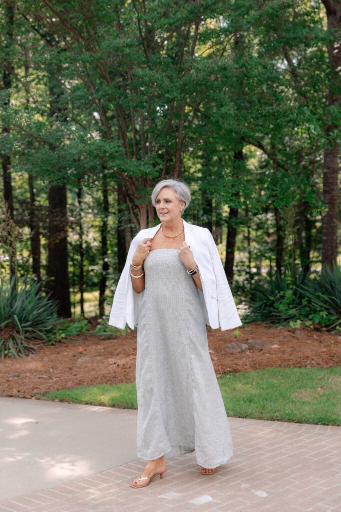 Quince linen striped strapless maxi dress for women over 50 — beach wedding outfit with white linen blazer