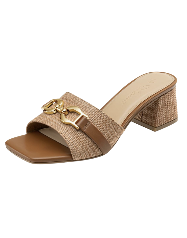 Tan raffia and cognac leather block-heel slide sandal with a square open toe and gold horsebit buckle hardware — a dressier two-inch block heel summer sandal for evenings and occasions.