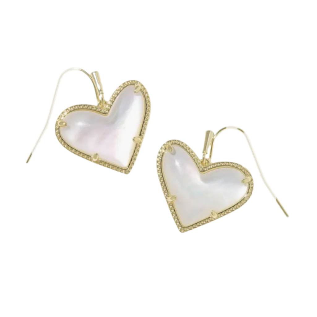 Kendra Scott Ari Heart Short Drop Earrings with luminous mother-of-pearl heart charms framed in gold-tone detailing.
