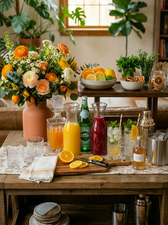 A styled spring mocktail bar on a rustic wooden table featuring carafes of orange juice and blood orange juice, a bottle of Perrier, lemon syrup, fresh citrus slices, crystal glassware, and a lush arrangement of orange and peach ranunculus with greenery