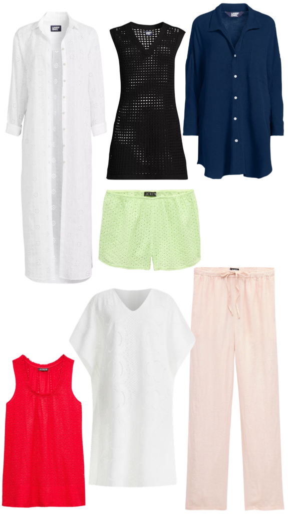 Collage of petite-friendly swimsuit cover-ups including white eyelet button-front shirtdress, black crochet knit tunic, navy gauze beach shirt, green eyelet shorts, red eyelet tank, white eyelet poncho cover-up, and blush linen drawstring pants — petite swim cover-up options for women over 50