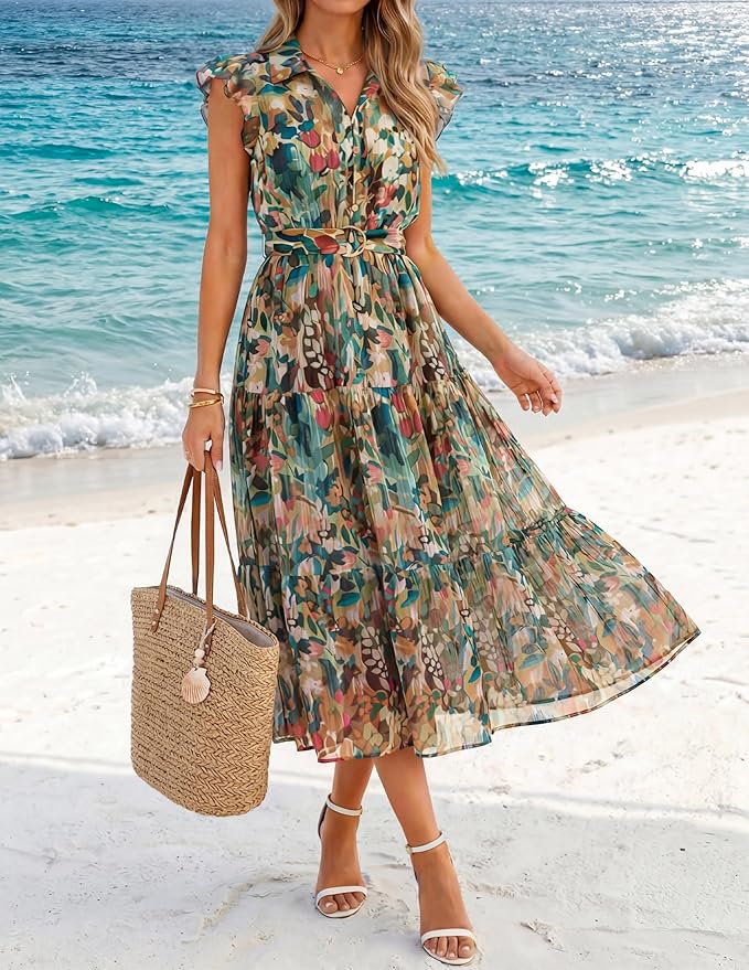 Woman wearing a sleeveless V-neck collared tiered midi dress in a multicolor abstract floral print in shades of green, teal, coral, and cream with a self-tie waist, carrying a natural woven straw tote bag with brown leather handles and wearing strappy white heeled sandals on a sandy beach — a breezy printed summer midi dress for women over 50.
