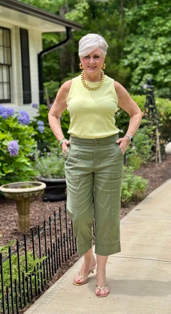 Linen pants and simple tee styled as an easy everyday outfit for a modern grandmother