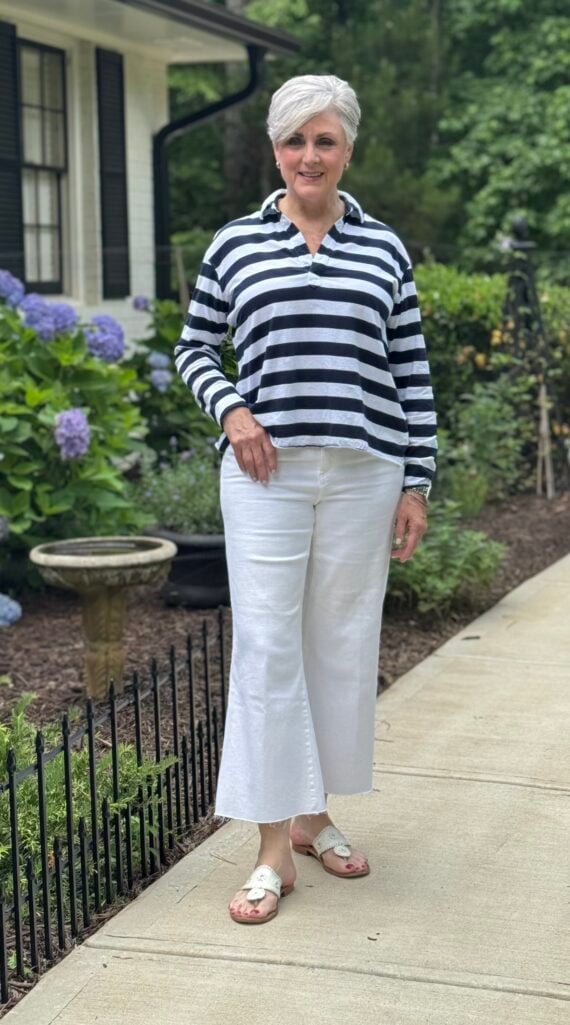 Striped tee with neutral pants for a classic grandmother outfit idea that feels fresh and modern