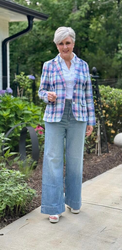 Linen blazer with white tee and washed denim for a polished casual outfit for grandmothers