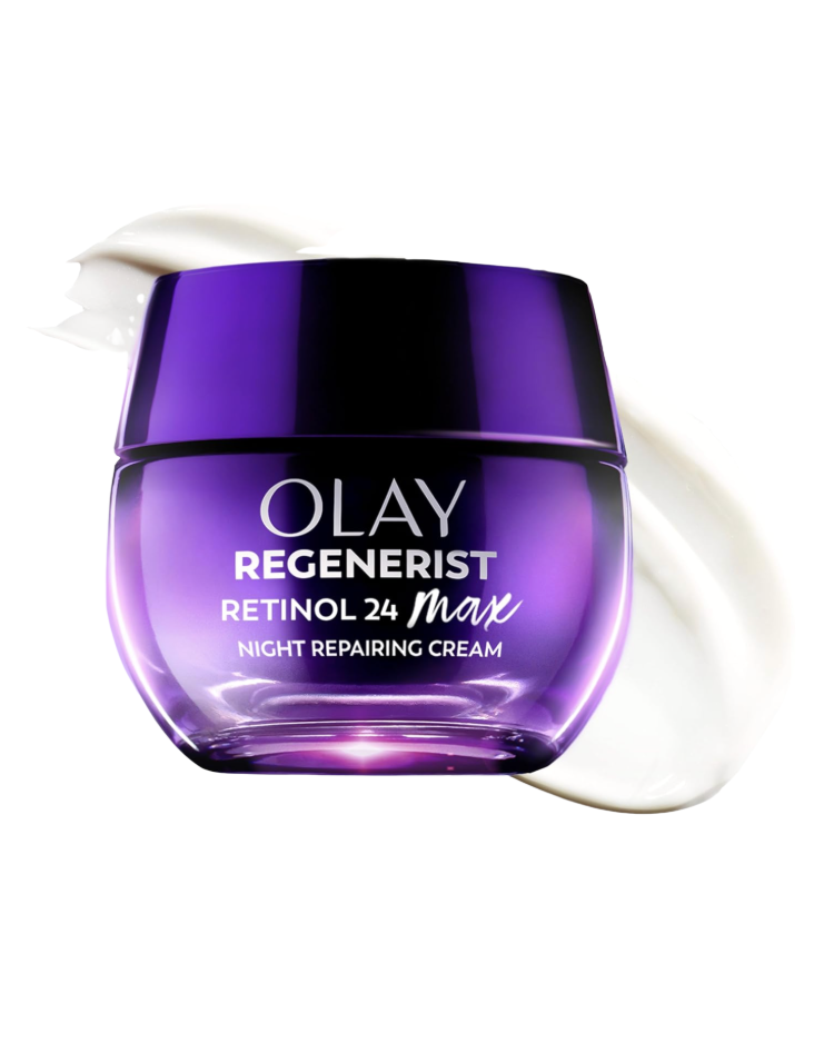 Olay Regenerist Retinol 24 Max Night Repairing Cream shown in the signature deep purple jar with white branding, accompanied by a swirl of white moisturizer on a white background — a dermatologist-favorite anti-aging night cream Mother's Day beauty gift available on Amazon for women over 50.