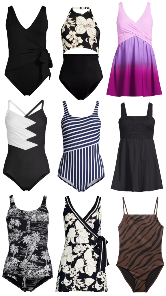 Collage of nine petite-friendly one-piece swimsuits for women over 50 including black wrap-tie suit, black and white floral high-neck suit, purple ombre swimdress, black and white asymmetric color-block suit, navy and white striped suit, black smocked swimdress, black and white palm print suit, black and white floral wrap suit, and brown zebra print suit — best swimsuits for petite women over 50