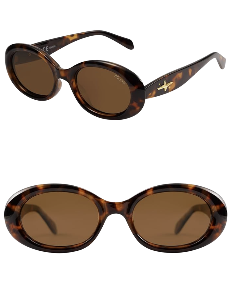 Brown tortoise-shell acetate oval-frame polarized sunglasses with amber-tinted lenses and small gold star detail at the temple — chic UV-protective summer sunglasses for women over 50.