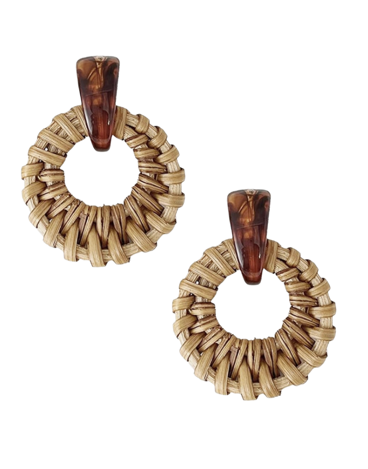 Natural woven rattan circle drop earrings with a tortoise acetate trapezoid post — sculptural statement summer earrings for women over 50.