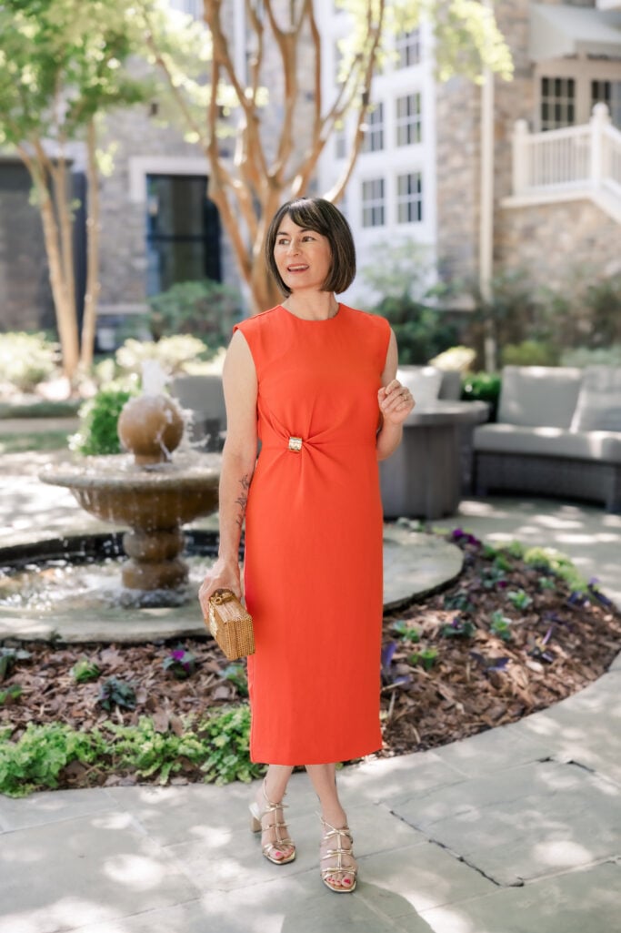 Ann Taylor crew neck twist sheath dress for women over 50 in lavender and coral, special occasion styling