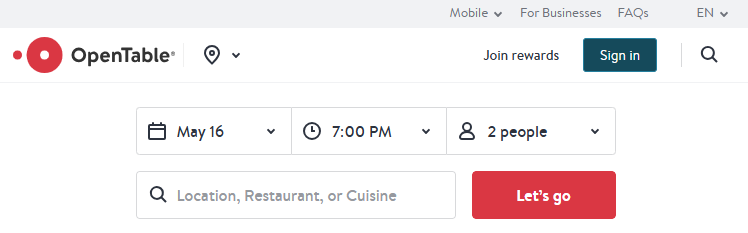 OpenTable reservation website