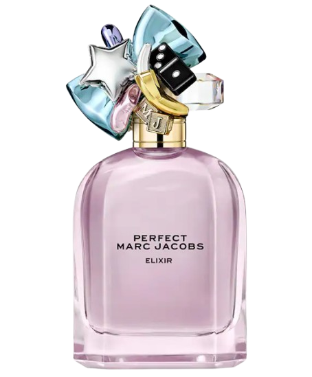 Marc Jacobs Perfect Elixir perfume bottle in soft pink glass with gold neck and decorative charm cap featuring colorful shapes, floral fragrance with amber and vanilla notes.