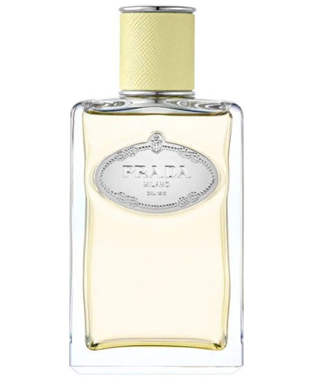 Prada Infusion de Gingembre perfume bottle in clear glass with pale yellow liquid, silver Prada Milano plaque, and textured yellow cap, citrus woody fragrance with ginger and vetiver notes.