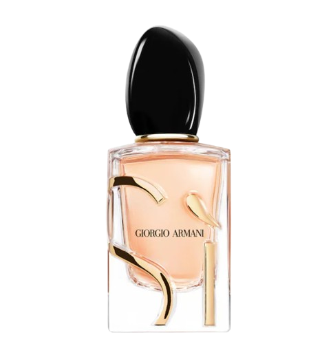 Armani Beauty Sì Eau de Parfum bottle with blush-toned liquid, black rounded cap, and gold accents, a fruity floral fragrance featuring blackcurrant, rose, and warm vanilla notes.