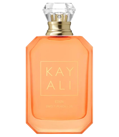 KAYALI Eden Sweet Peach 35 Eau de Parfum in peach-colored glass bottle with gold neck and faceted cap, fruity floral fragrance with notes of peach, red apple, and frangipani.
