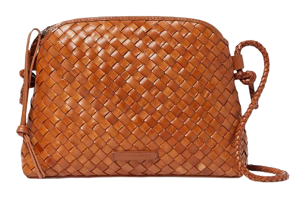 Loeffler Randall Mallory Woven Crossbody bag in timber brown leather with basketweave texture, braided crossbody strap, zip-top closure, and compact rounded silhouette.