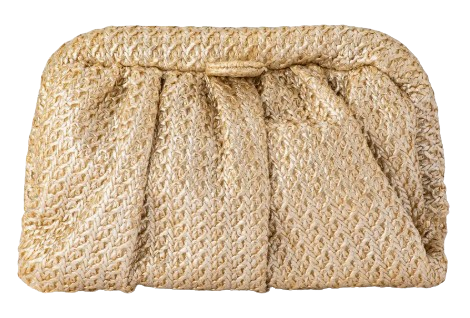 Olga Berg Stevie Pleated Woven Clutch in metallic gold woven fabric with soft pleated detailing, structured silhouette, clasp closure, and removable gold chain strap.