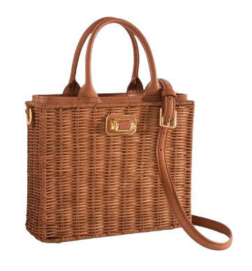 Structured wicker top handle tote bag with warm tan leather trim, double top handles, gold hardware accents, and removable crossbody strap in Havana tan.