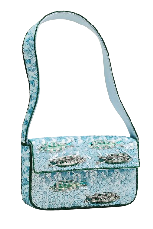 Blue beaded shoulder bag with intricate sequin beadwork, sardine fish embellishments, flap closure, and structured silhouette with matching shoulder strap.