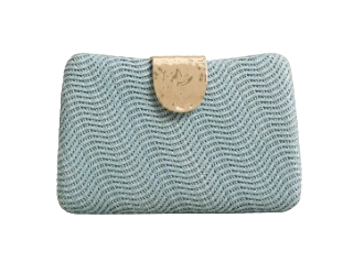 Olga Berg Blue Lindy Woven Clutch featuring textured woven fabric in soft blue, gold-tone clasp closure, structured silhouette, and optional chain shoulder strap.