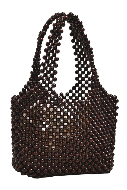 Mini slouchy tote bag made from glossy dark wood beads with double shoulder straps, open woven design, and relaxed structured silhouette.