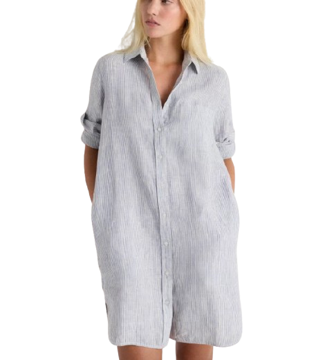 pinstripe linen shirt dress for women over 50