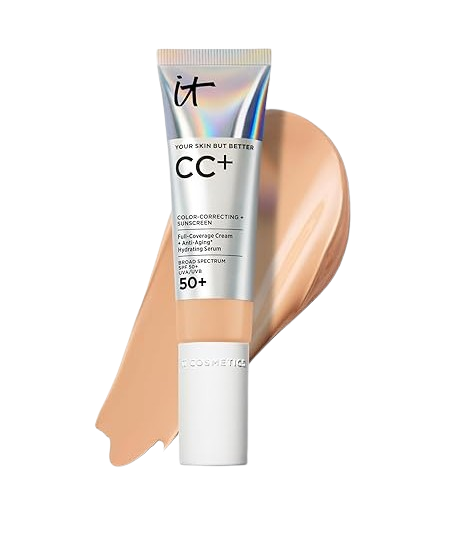 IT Cosmetics Your Skin But Better CC+ Cream with SPF 50+ and full-coverage color-correcting formula shown with a swipe of foundation on a white background.