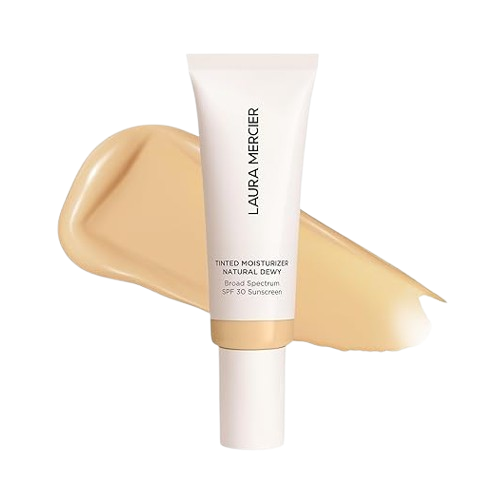 Laura Mercier Tinted Moisturizer Natural Dewy with SPF 30 in a soft beige tube displayed over a creamy foundation swatch.