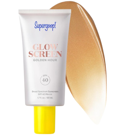 Supergoop! Glowscreen SPF 40 in Golden Hour shade with radiant bronze shimmer swatch for a glowy sunscreen primer effect.
