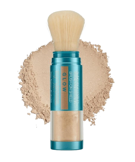 Colorescience Sunforgettable Total Protection Brush-On Shield SPF 50 mineral sunscreen powder with built-in brush applicator and loose powder backdrop.