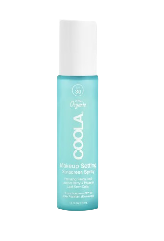 Coola Organic Makeup Setting Spray Sunscreen SPF 30 in aqua blue bottle designed to set makeup while adding lightweight sun protection.