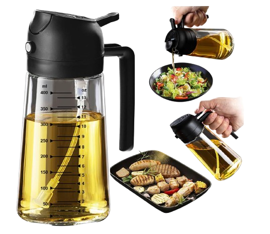 TrendPlain glass olive oil sprayer with black handle and spray top filled with golden olive oil, featuring measurement markings on the bottle for grilling, salads, and air fryer cooking.