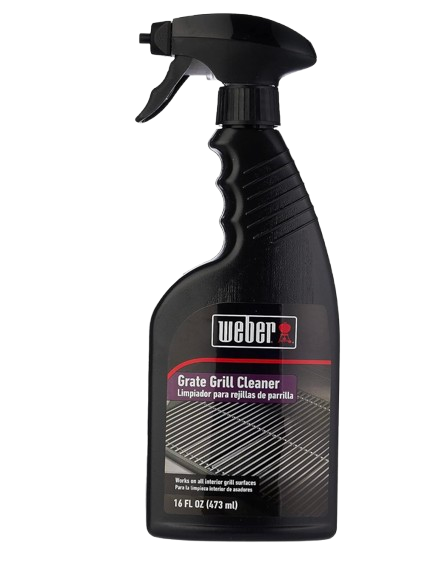 Black Weber Outdoor Grill Cleaner spray bottle with trigger nozzle and grill grate label designed for cleaning and degreasing outdoor grills and cooking surfaces.