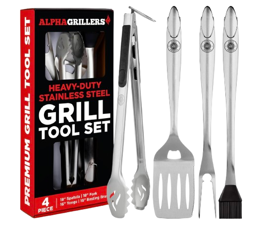 Alpha Grillers stainless steel grilling tool set featuring metal tongs, spatula, fork, and basting brush displayed beside black and red gift box packaging.