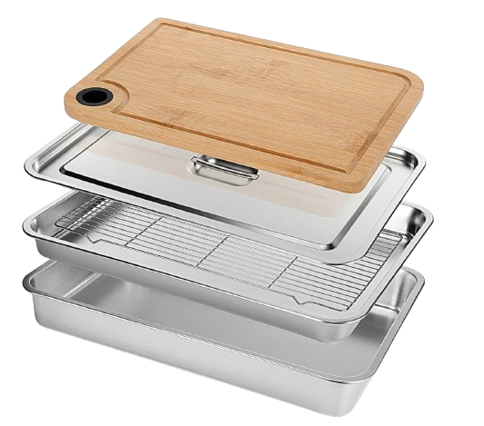 Stackable stainless steel food prep tray set with cooling rack, lid, and bamboo cutting board designed for grilling prep and outdoor cooking organization.