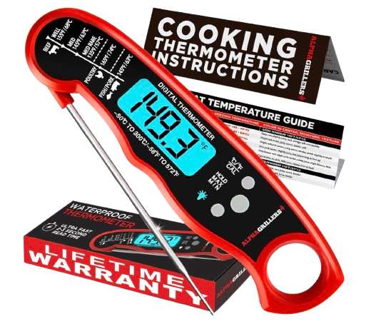Red Alpha Grillers digital meat thermometer with stainless steel probe and blue backlit display shown beside cooking temperature guides and product packaging.