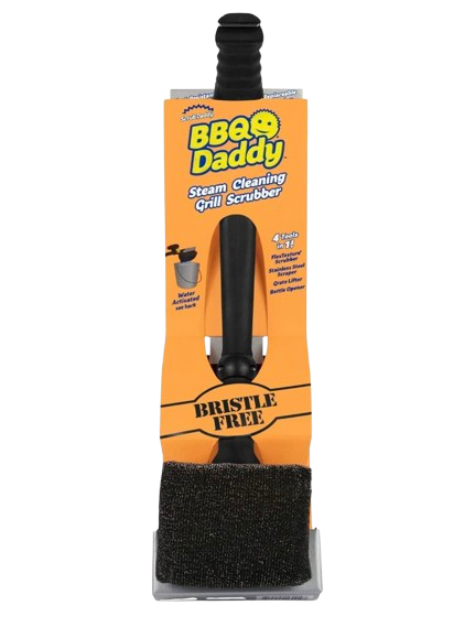 Scrub Daddy BBQ Daddy bristle-free grill brush with black handle and steam-cleaning scrubber head displayed in orange retail packaging.