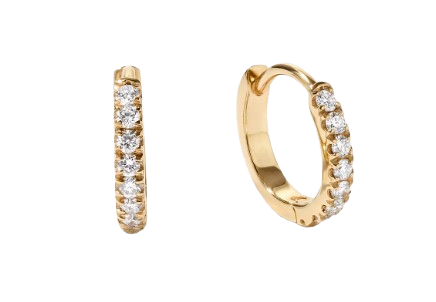 14K gold pavé diamond tiny huggie hoop earrings with a row of sparkling round diamonds in a delicate everyday silhouette.