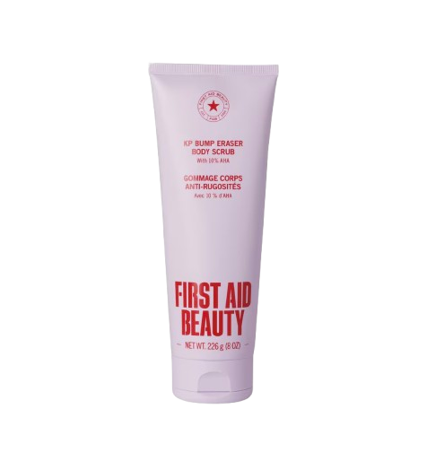 First Aid Beauty KP Bump Eraser Body Scrub with 10% AHA in a lavender tube designed to exfoliate rough texture and smooth keratosis pilaris-prone skin.