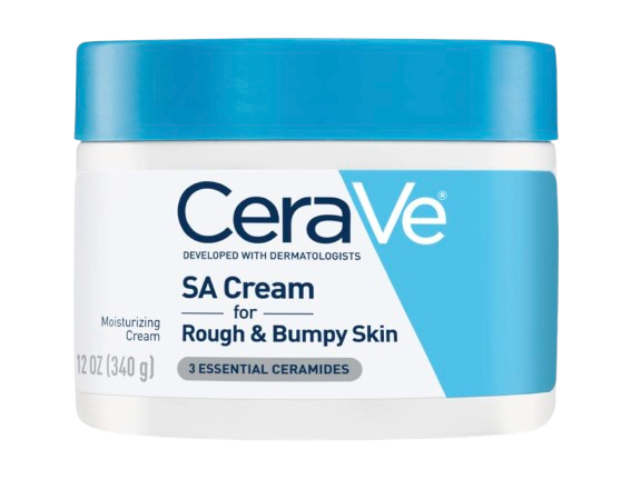 CeraVe SA Cream moisturizing treatment in a blue-and-white tub formulated with salicylic acid and ceramides to smooth rough, dry, and bumpy skin.