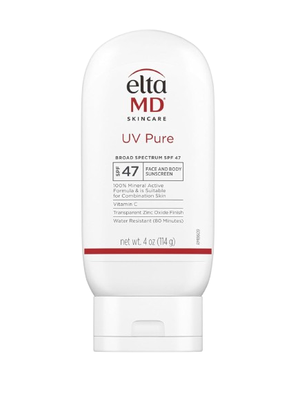 EltaMD UV Pure mineral sunscreen for face and body in a white bottle with SPF 47 protection, vitamin C, zinc oxide, and water-resistant formula for sensitive skin.