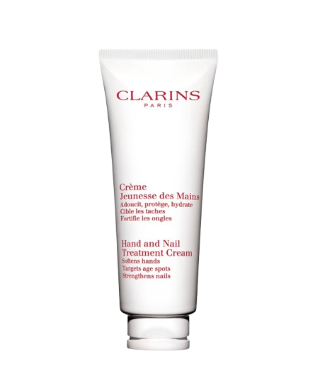 Clarins Hand and Nail Treatment Cream in a white tube with red lettering designed to soften hands, hydrate skin, target age spots, and strengthen nails.
