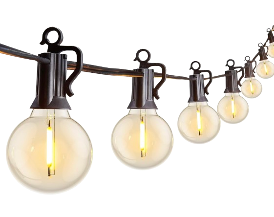Outdoor string lights with oversized globe bulbs and black hanging clips, designed to create warm ambient lighting for patios, pergolas, and backyard entertaining spaces.
