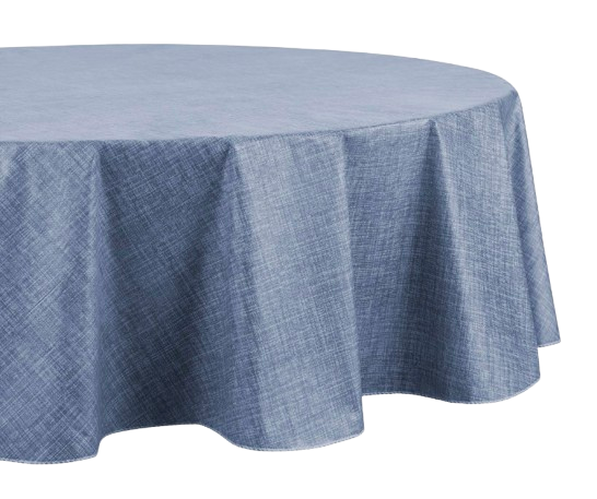 Round blue textured tablecloth with a soft woven look designed to add casual elegance to indoor or outdoor dining tables.
